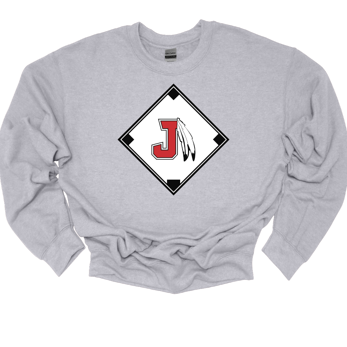 Gray sweatshirt with a red, white, and black logo featuring the J Spear in the center of a baseball diamond on a white background
