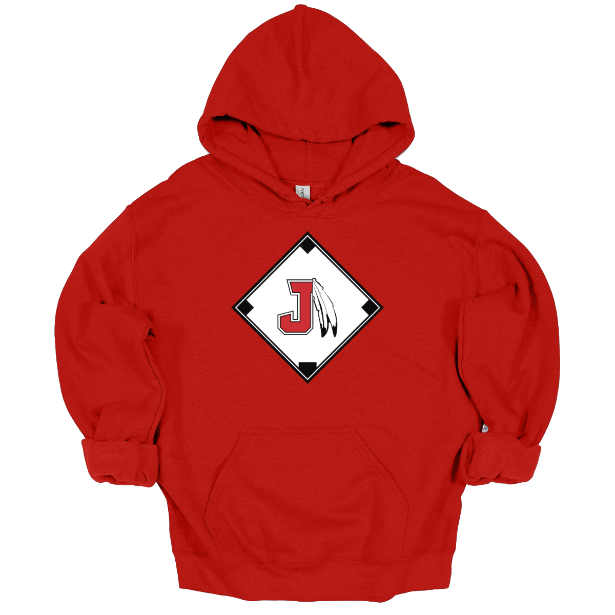 Red hoodie with a red, white, and black logo featuring the J Spear in the center of a baseball diamond on a white background