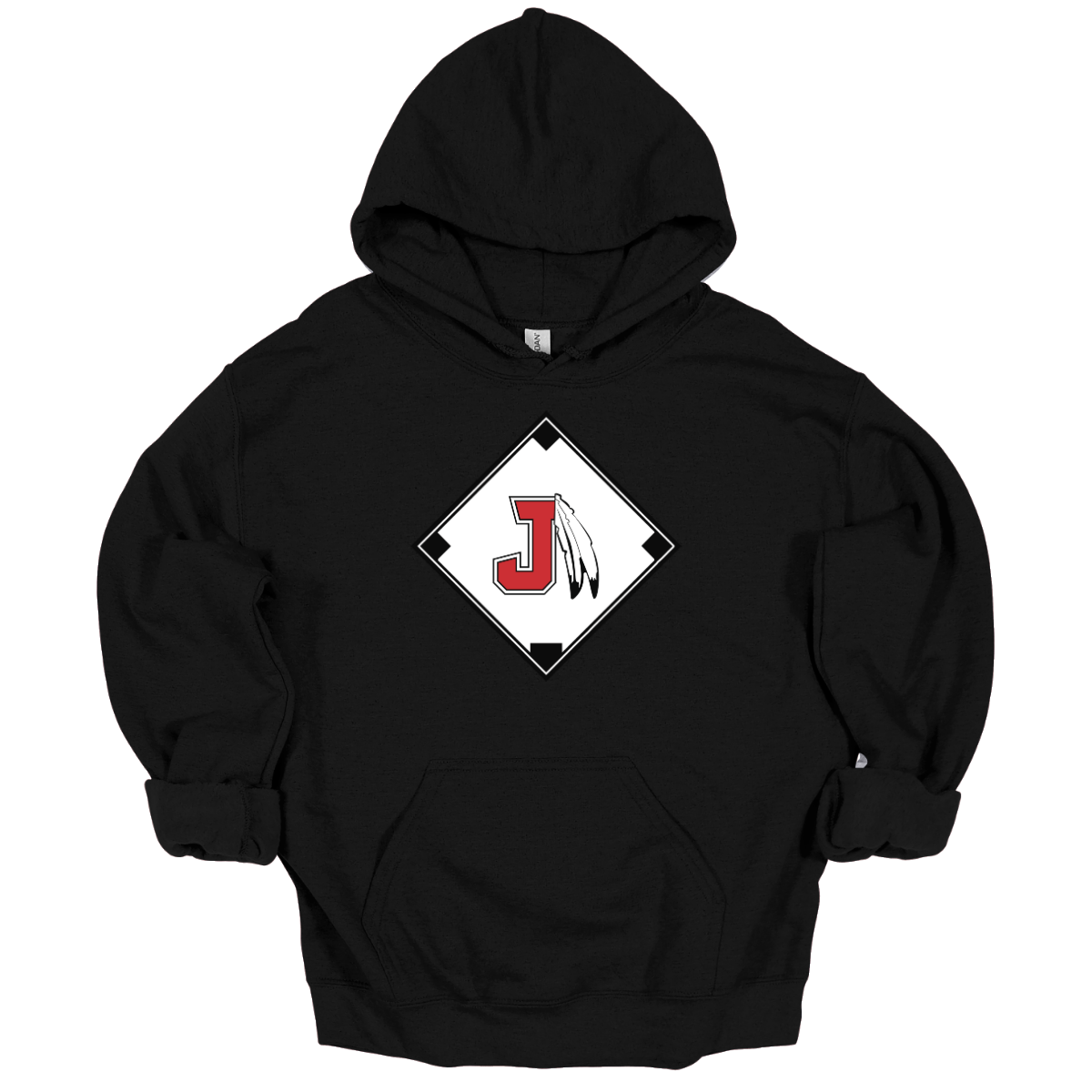 Black hoodie with a red, white, and black logo featuring the J Spear in the center of a baseball diamond on a white background