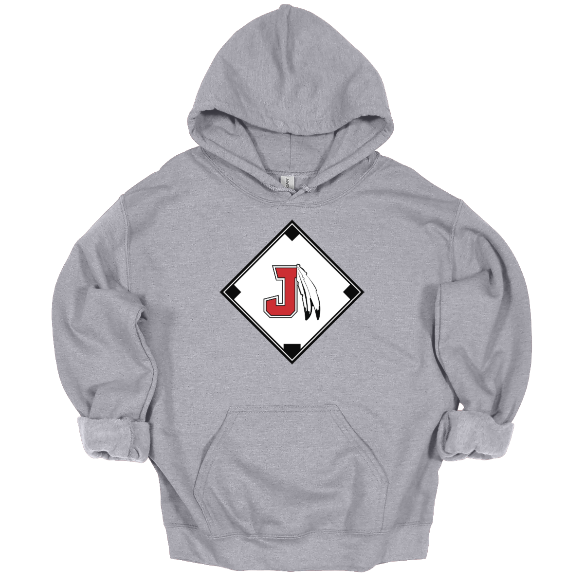 Gray hoodie with a red, white, and black logo featuring the J Spear in the center of a baseball diamond on a white background