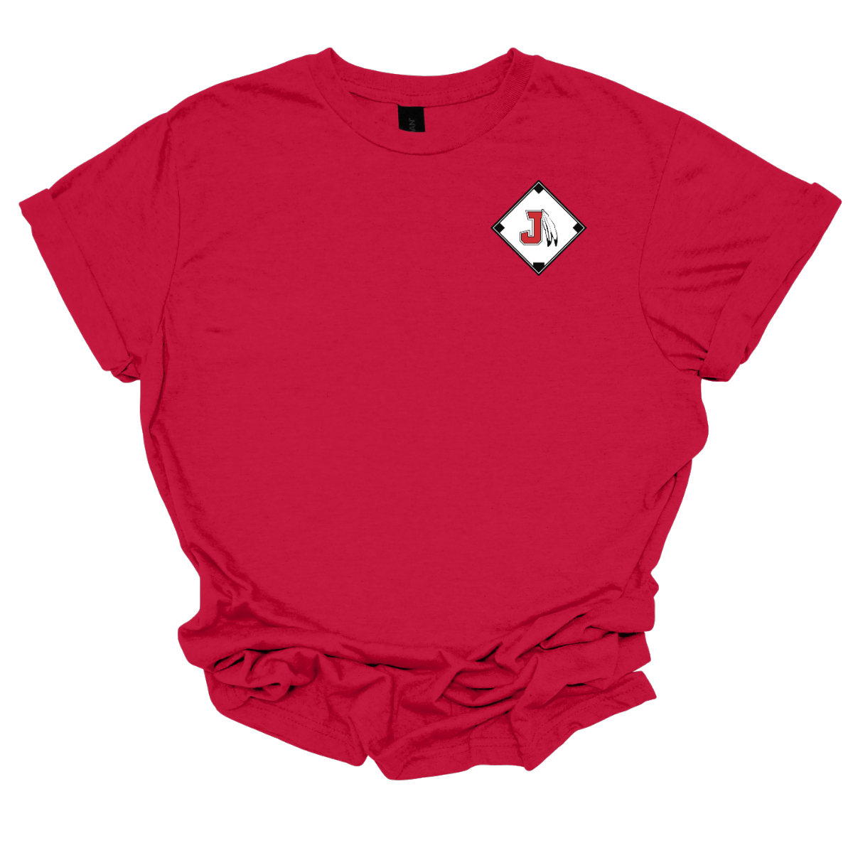 Red t-shirt with a baseball diamond with a J Spear logo on the chest against a white background