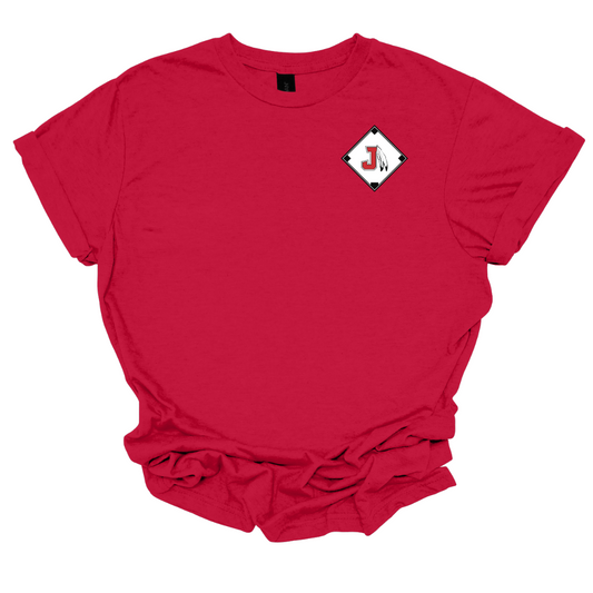 Red t-shirt with a baseball diamond with a J Spear logo on the chest against a white background
