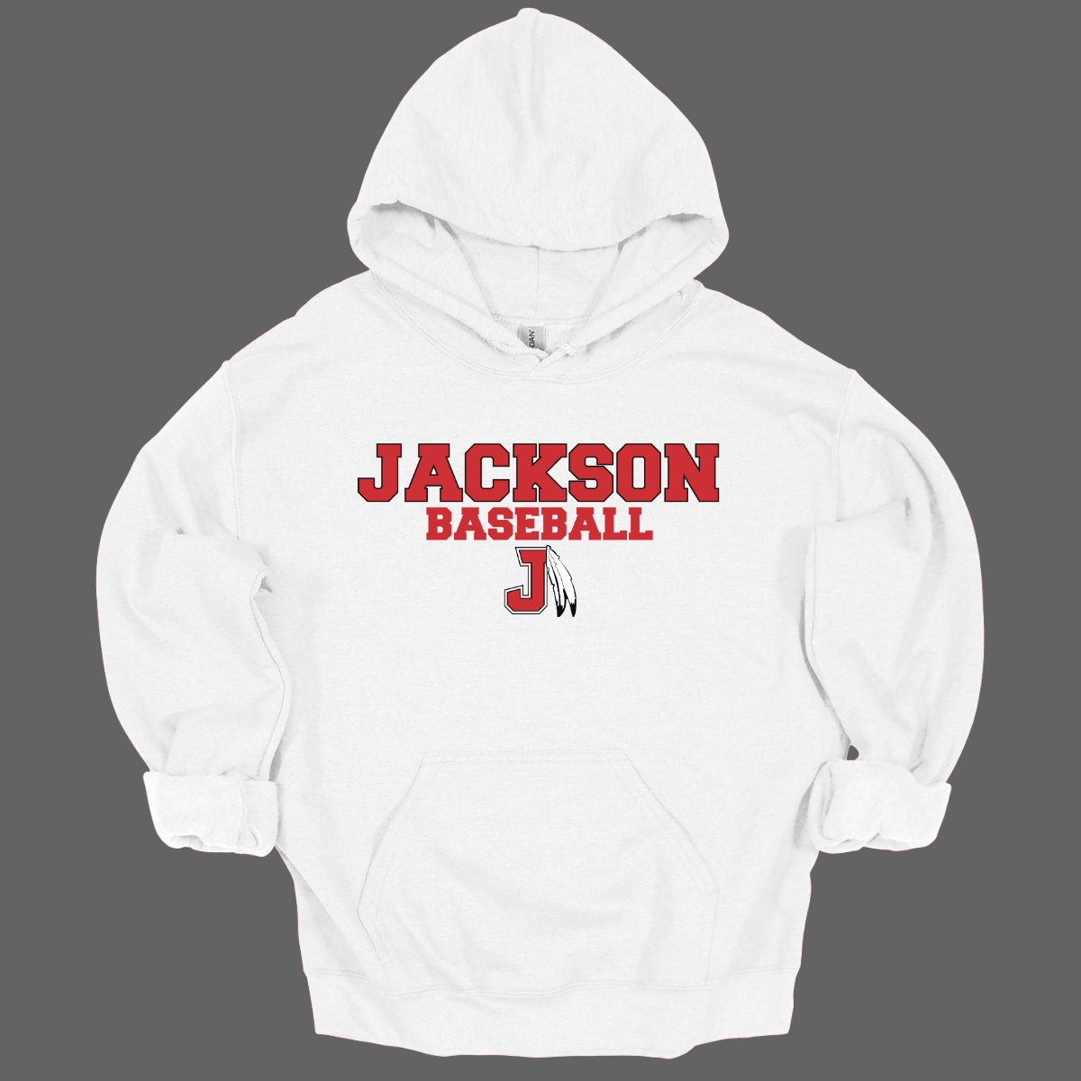 White hoodie with a red and white logo with text that says "Jackson Baseball" with a J Spear on a grey background