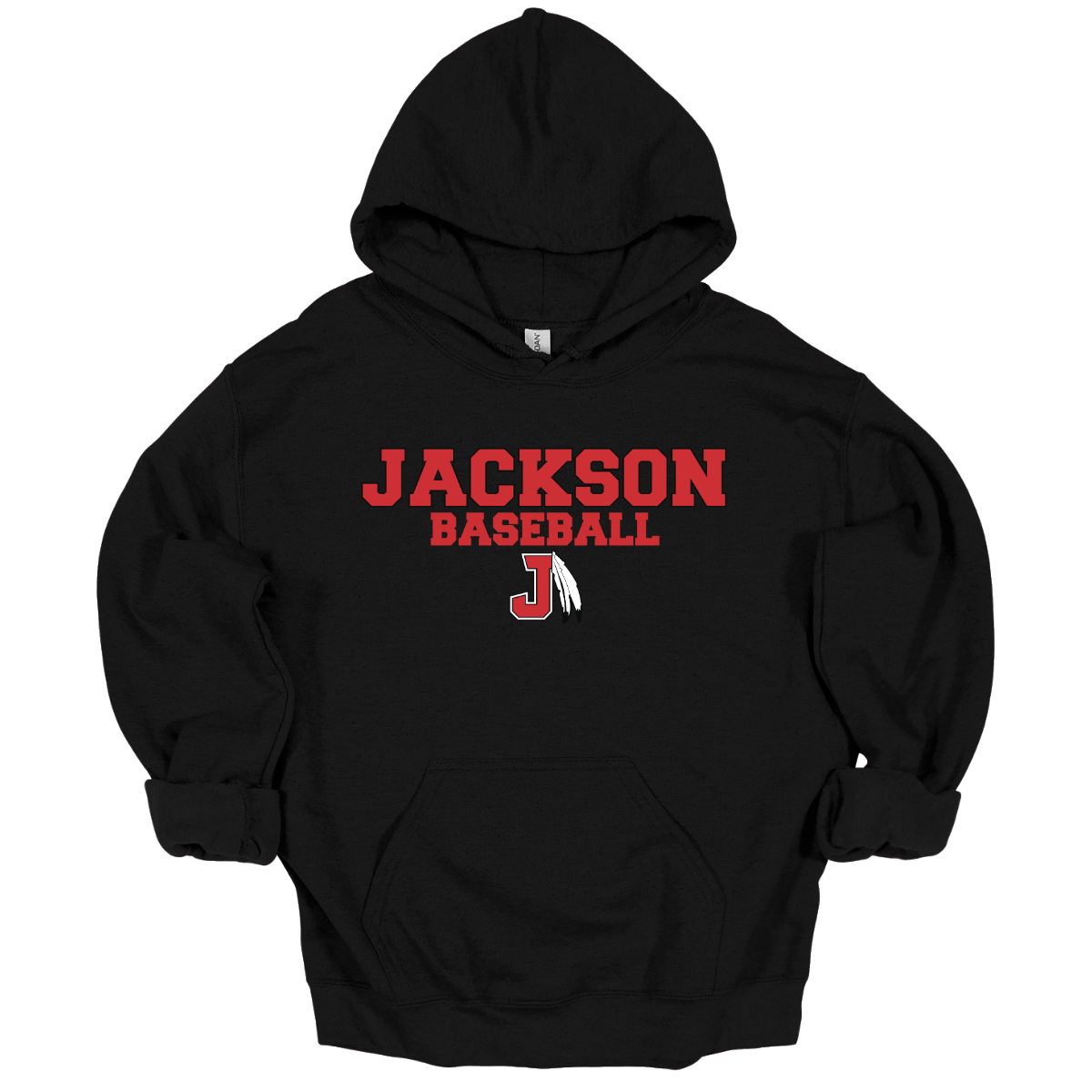 Black hoodie with a red and white logo with text that says "Jackson Baseball" with a J Spear on a white background
