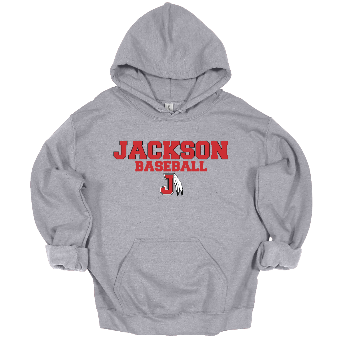 Grey hoodie with a red and white logo with text that says "Jackson Baseball" with a J Spear on a white background