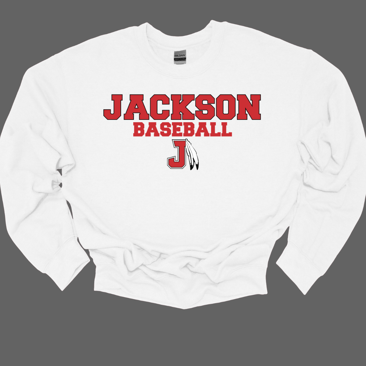 White sweatshirt with a red and white logo with text that says "Jackson Baseball" with a J Spear on a grey background