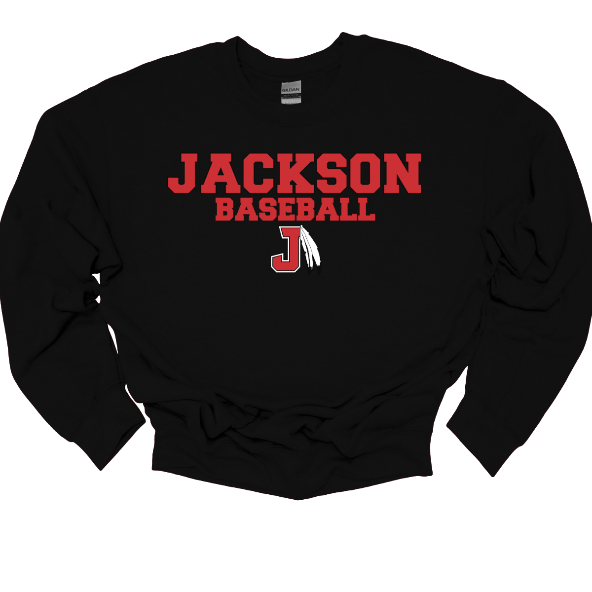 Black sweatshirt with a red and white logo with text that says "Jackson Baseball" with a J Spear on a white background