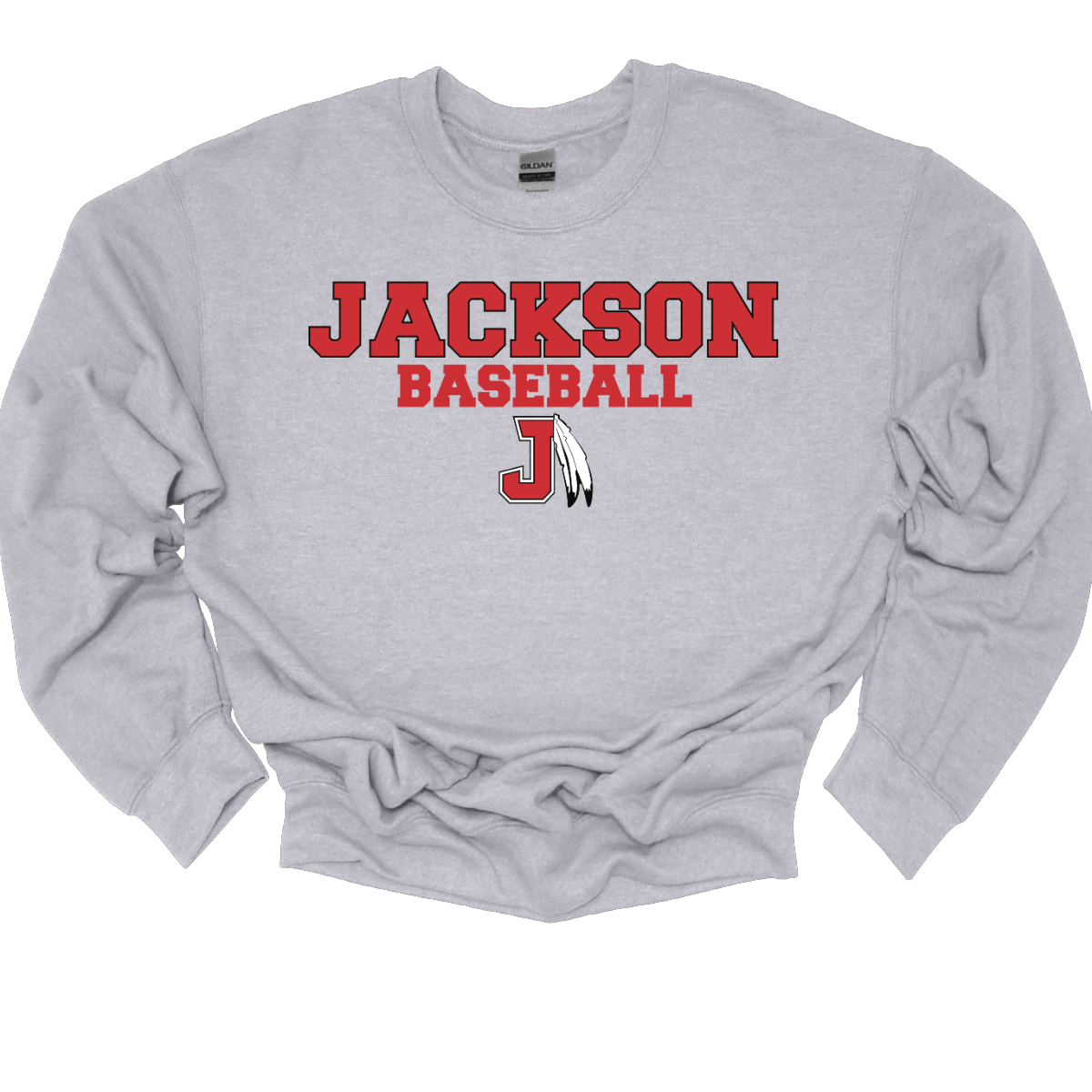 Grey sweatshirt with a red and white logo with text that says "Jackson Baseball" with a J Spear on a white background