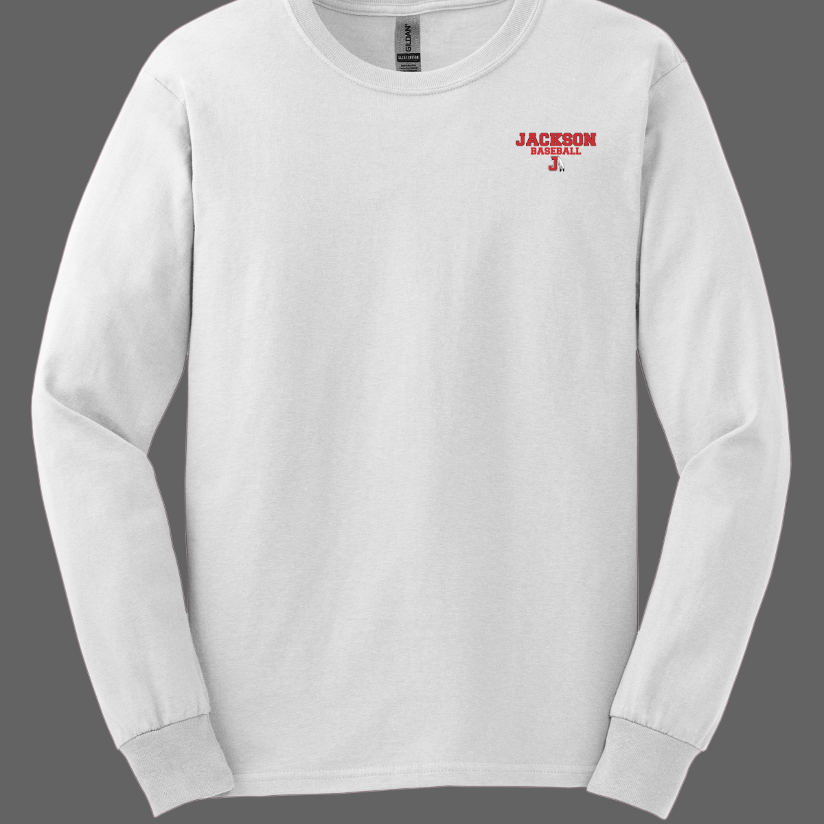 White long sleeve with a red and white logo that says "Jackson Baseball" with a J Spear on a grey background