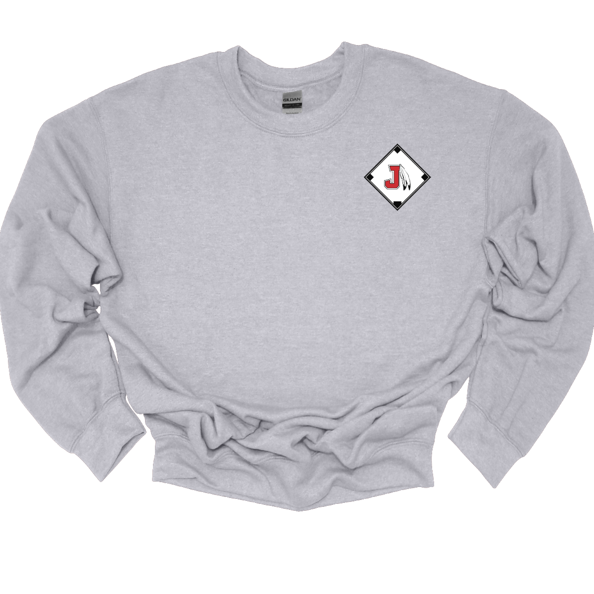 Grey sweatshirt with a diamond-shaped logo featuring a letter 'J' on a white background