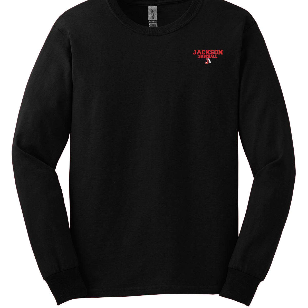 Black long sleeve with a red and white logo that says "Jackson Baseball" with a J Spear on a white background