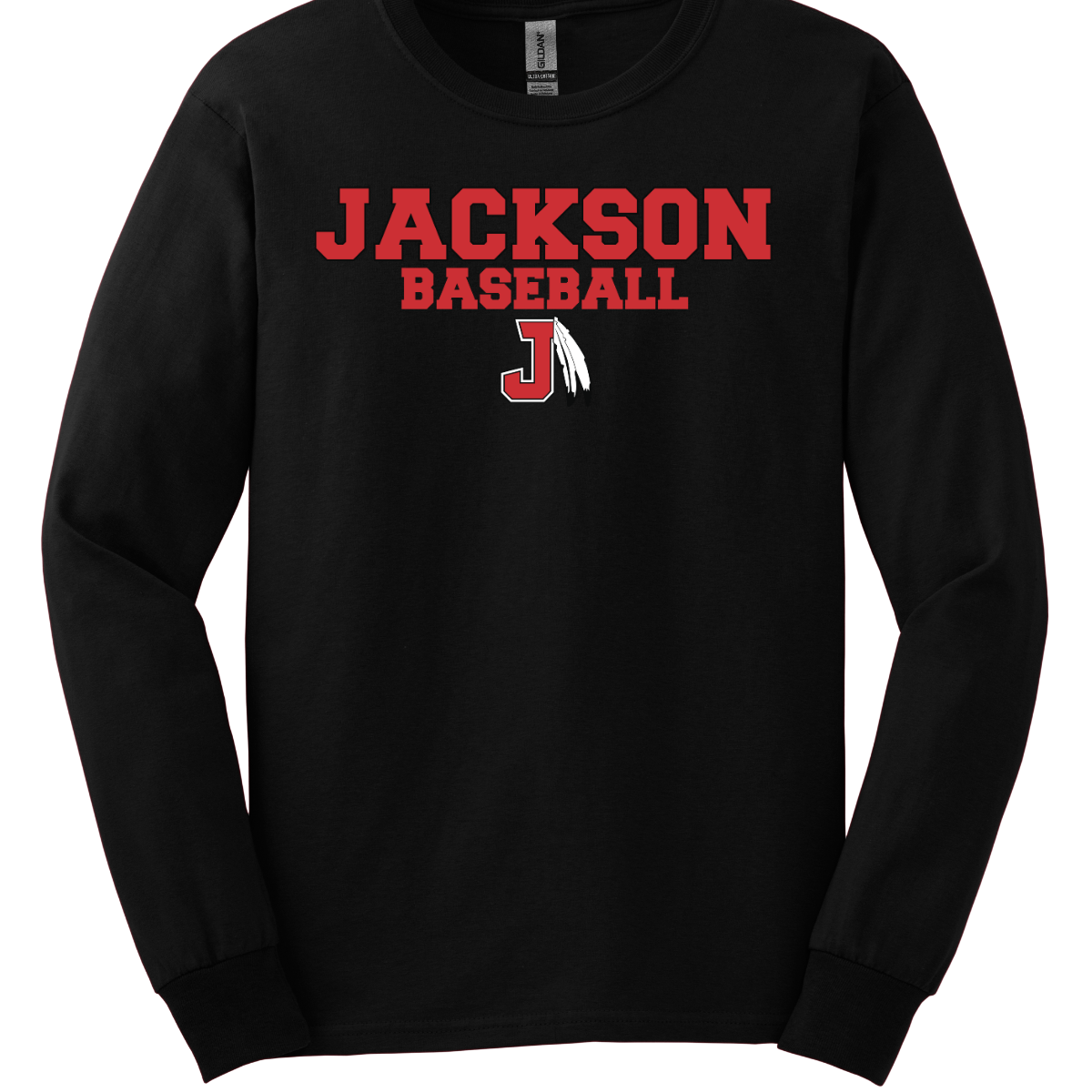 Black long sleeve with a red and white logo with text that says "Jackson Baseball" with a J Spear on a white background