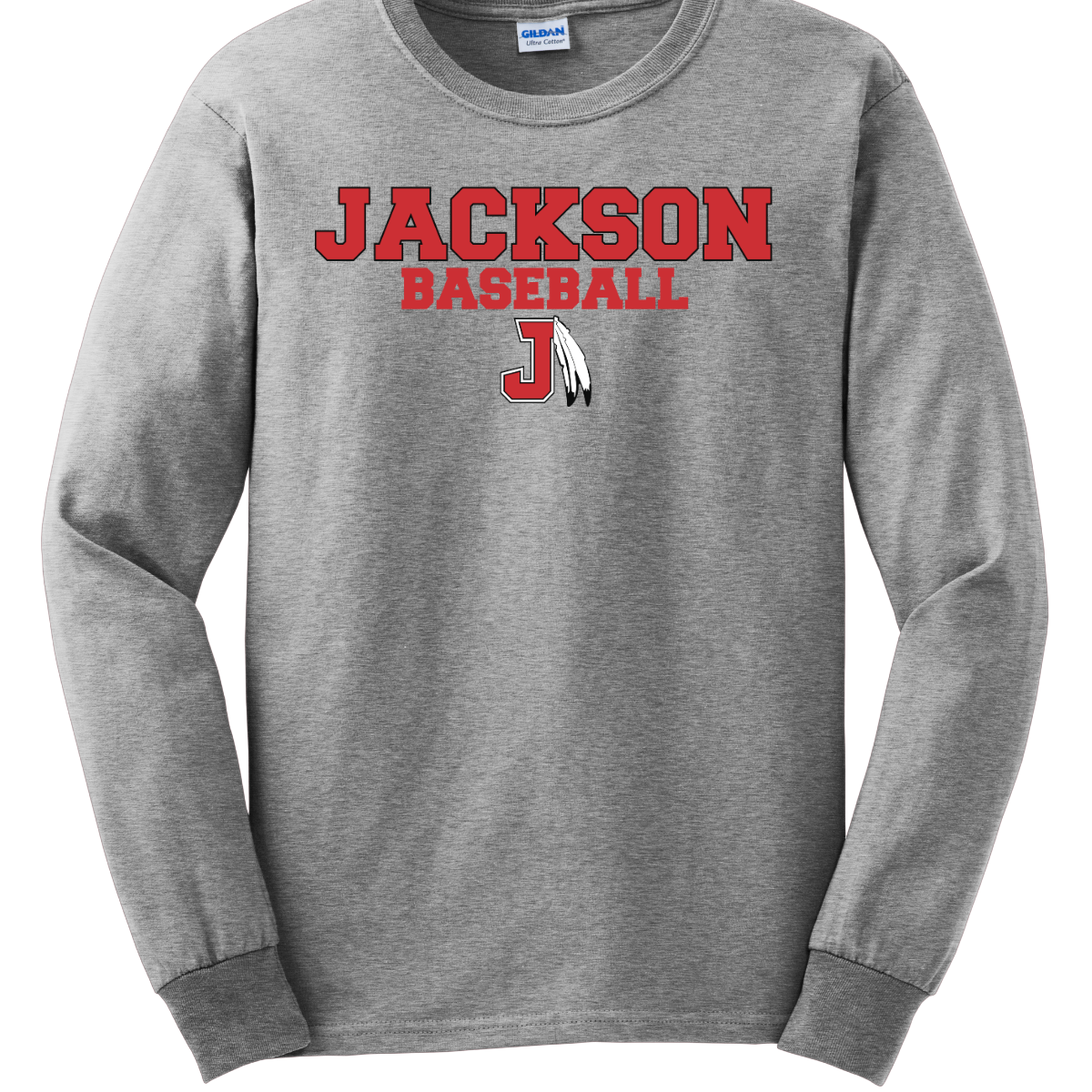 Grey long sleeve with a red and white logo with text that says "Jackson Baseball" with a J Spear on a white background