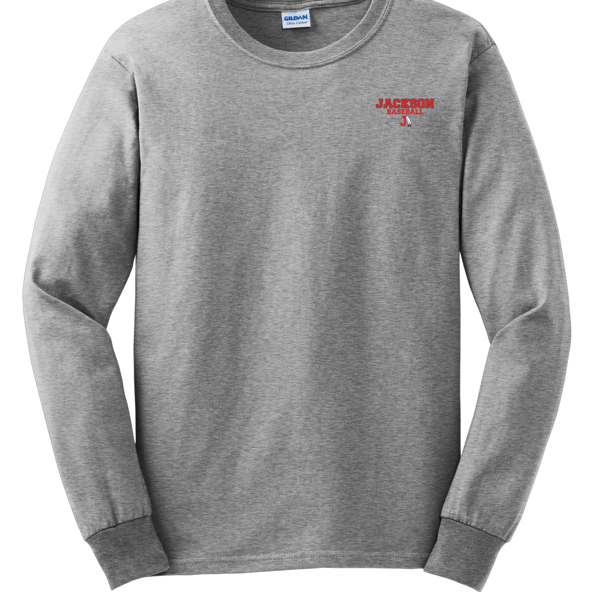Grey long sleeve with a red and white logo that says "Jackson Baseball" with a J Spear on a white background