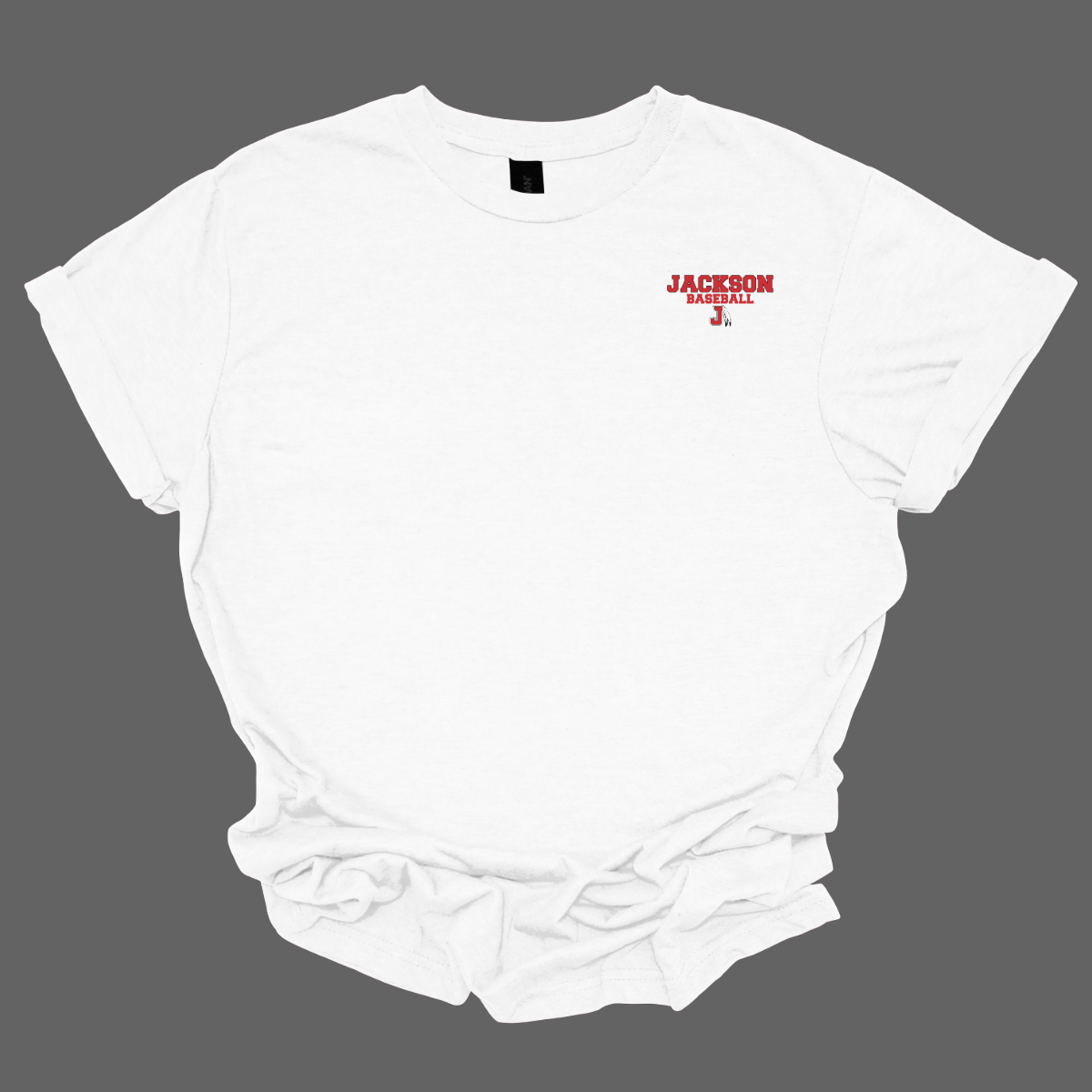 White t-shirt with a red and white logo that says "Jackson Baseball" with a J Spear on a grey background