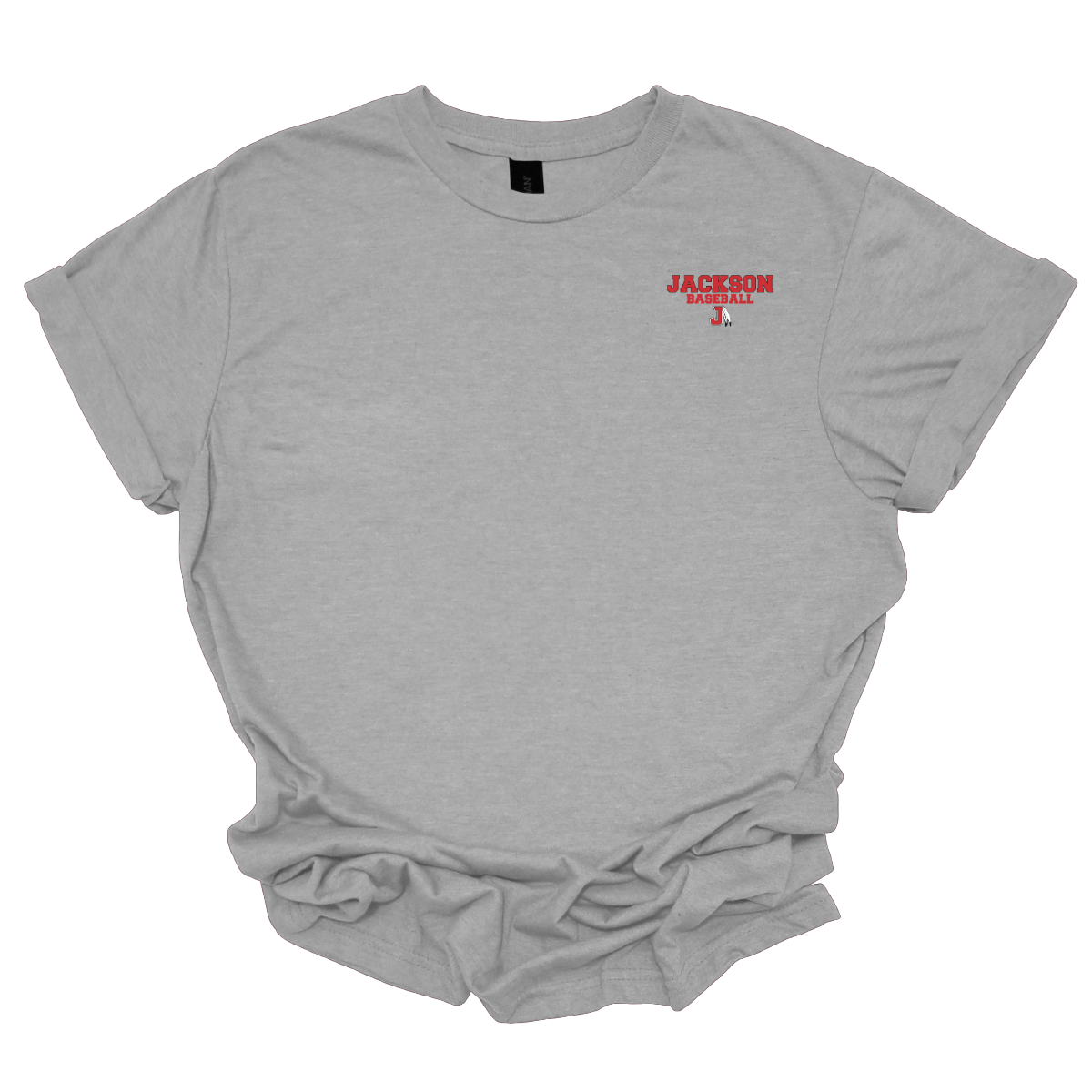 Gray t-shirt with a red and white logo that says "Jackson Baseball" with a J Spear on a white background