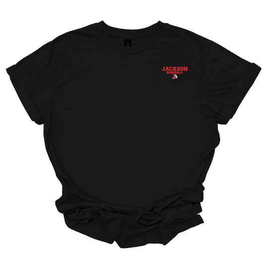 Black t-shirt with a red and white logo that says "Jackson Baseball" with a J Spear on a white background