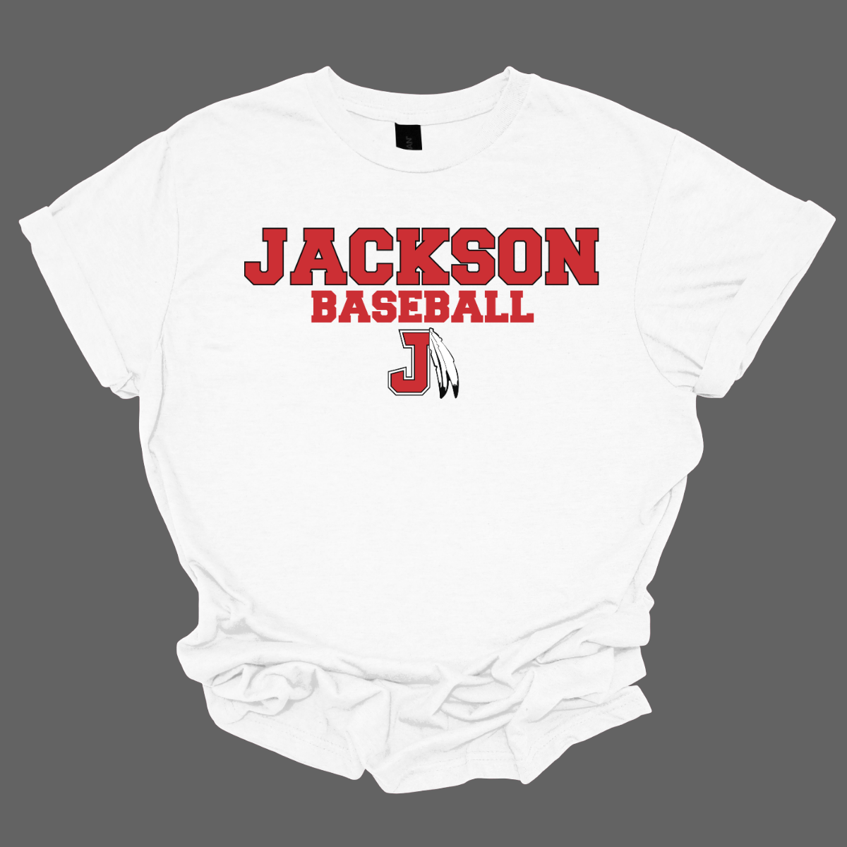 White t-shirt with a red and white logo with text that says "Jackson Baseball" with a J Spear on a grey background