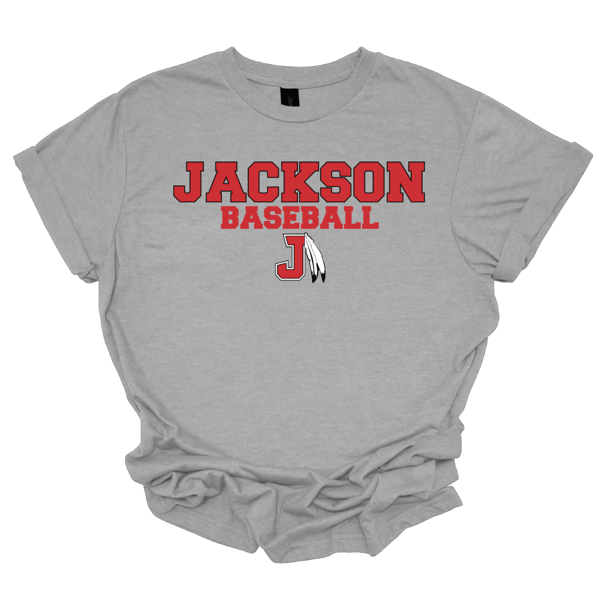 Grey t-shirt with a red and white logo with text that says "Jackson Baseball" with a J Spear on a white background