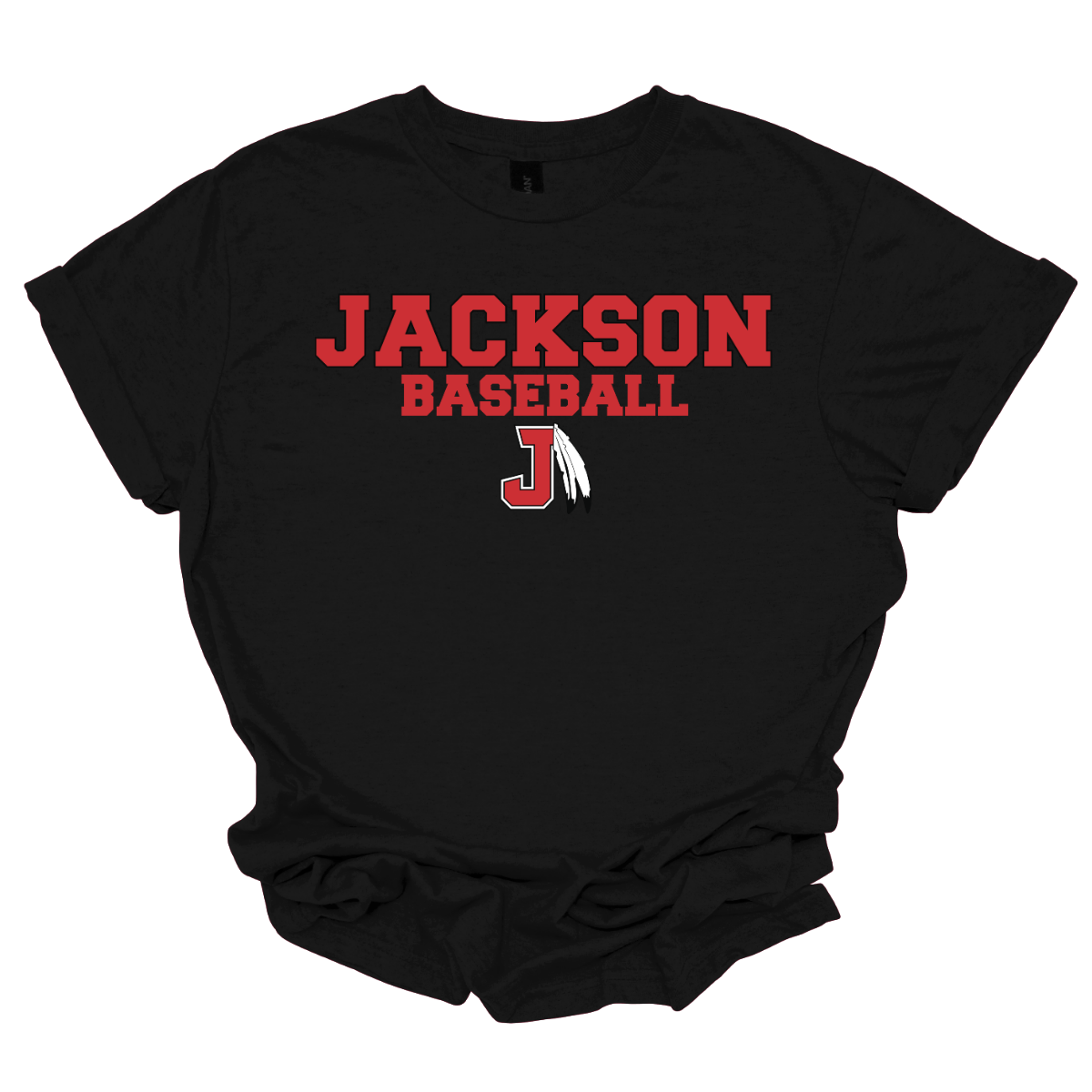 Black t-shirt with a red and white logo with text that says "Jackson Baseball" with a J Spear on a white background