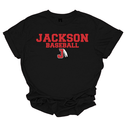Black t-shirt with a red and white logo with text that says "Jackson Baseball" with a J Spear on a white background