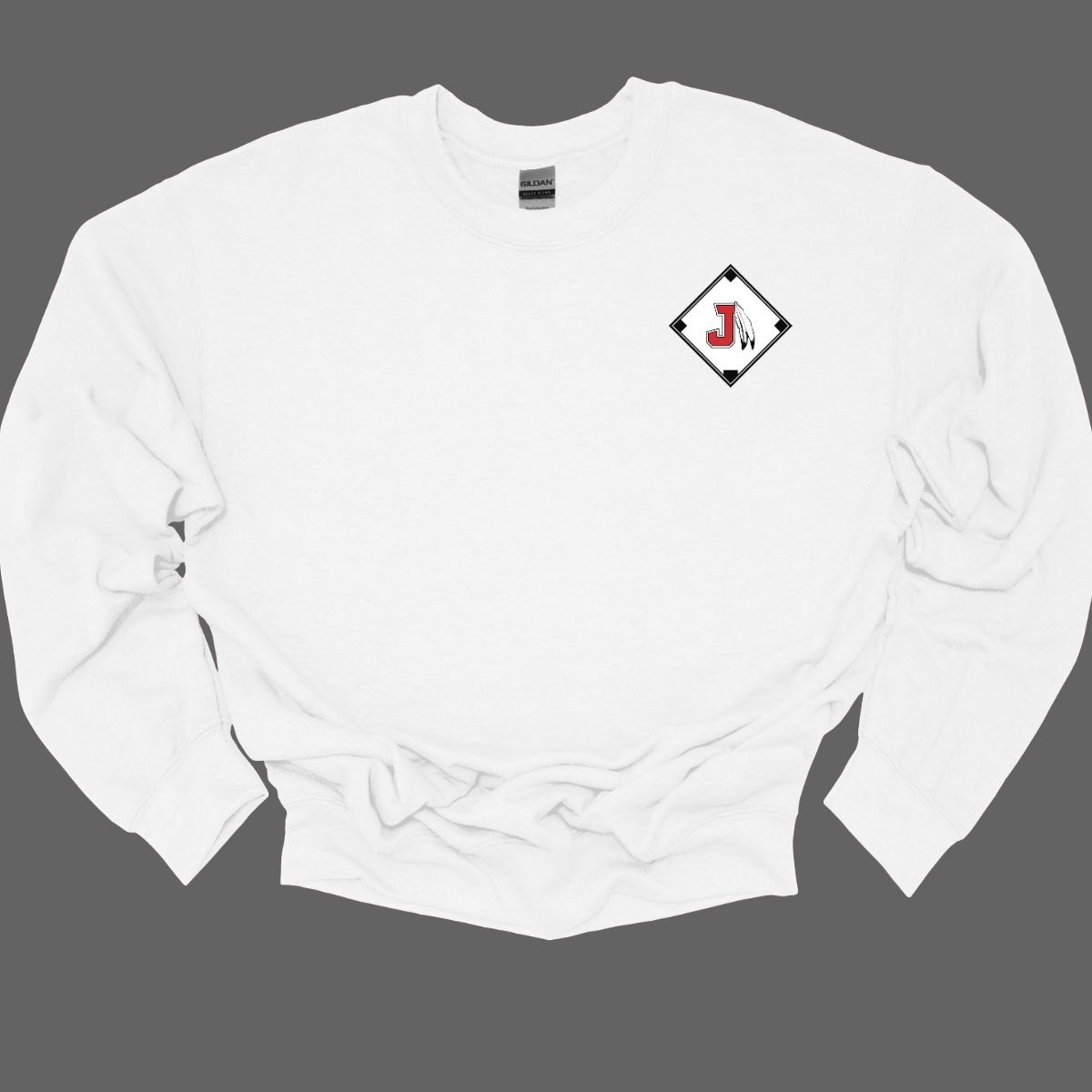 White sweatshirt with a diamond-shaped logo featuring a letter 'J' on a grey background