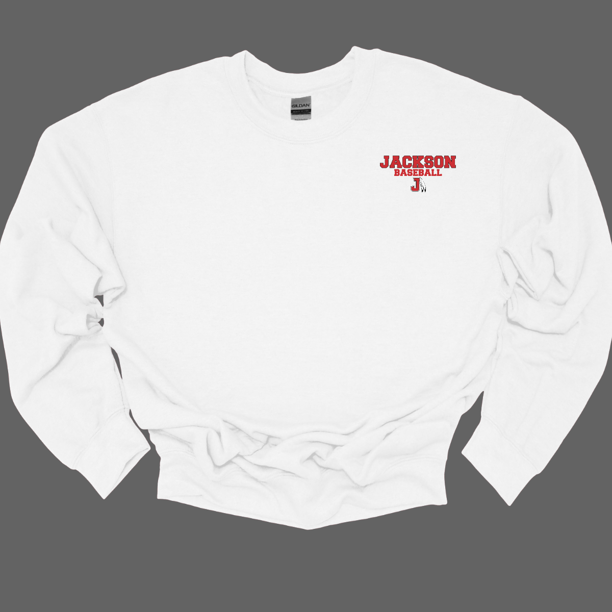 White sweatshirt with a red and white logo that says "Jackson Baseball" text with a J Spear on a grey background