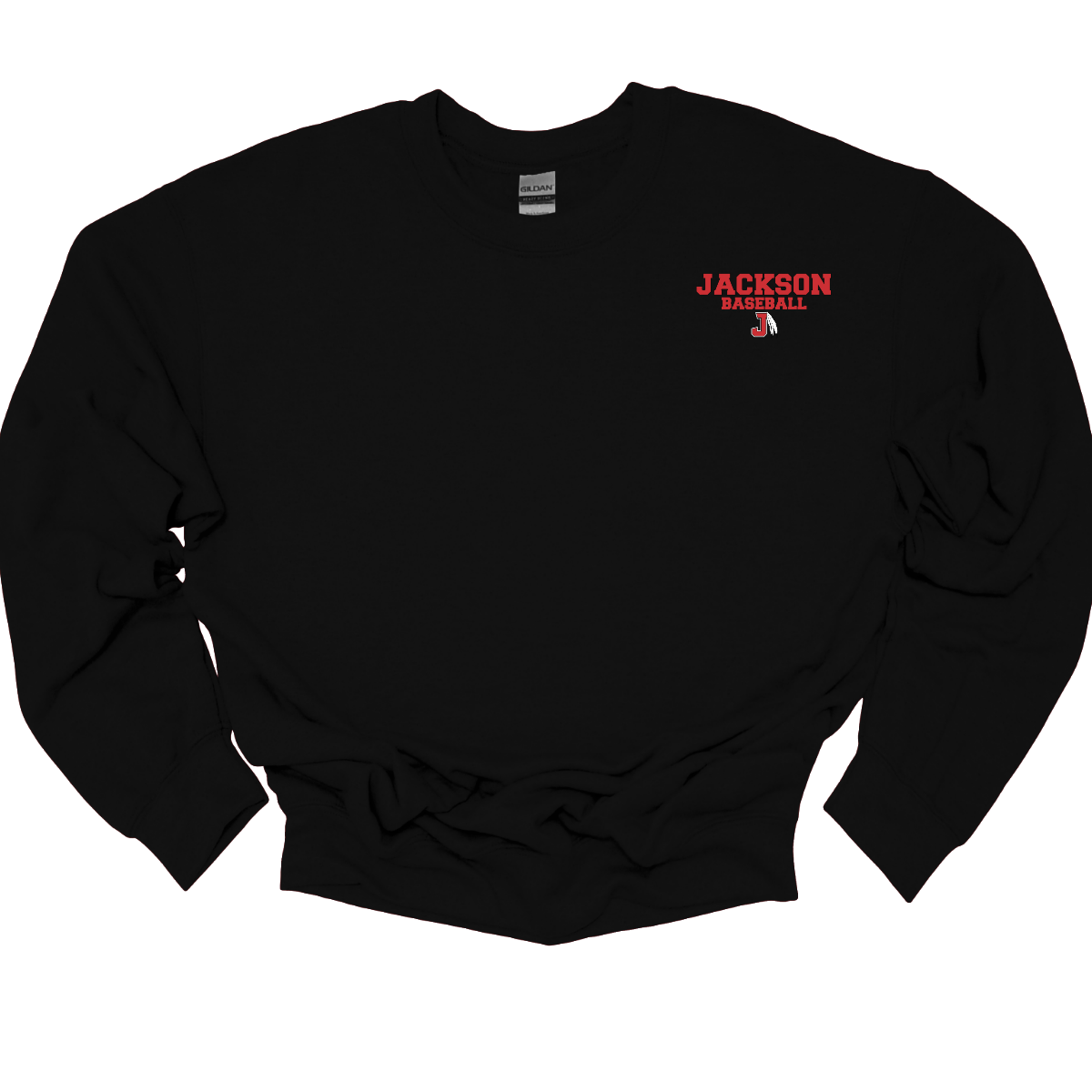 Black sweatshirt with a red and white logo that says "Jackson Baseball" text with a J Spear on a white background