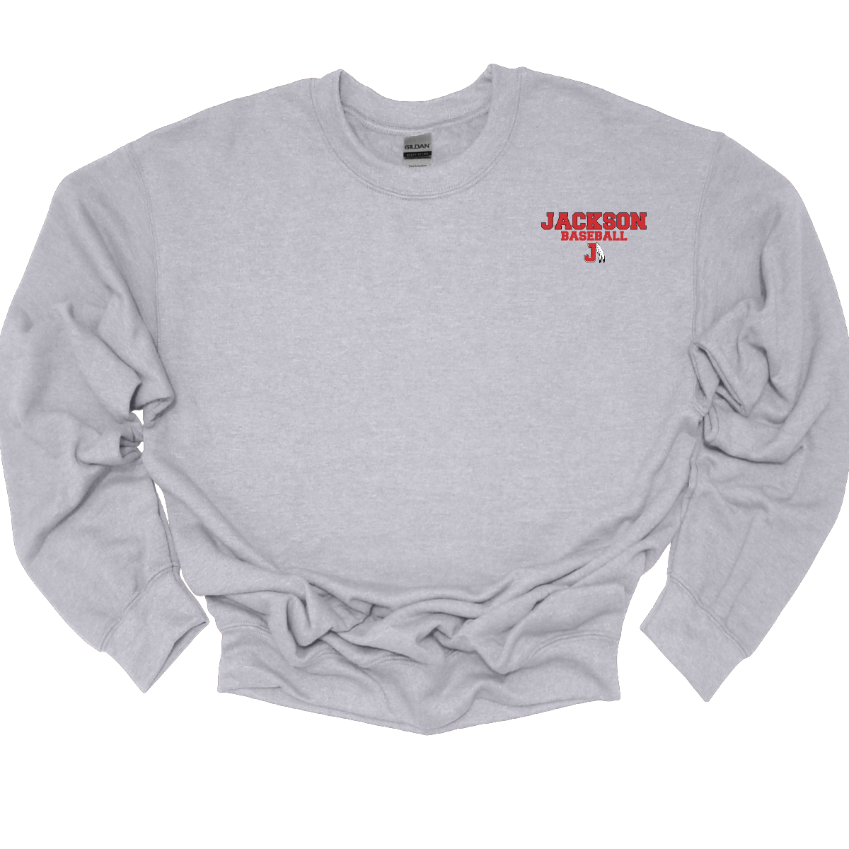 Grey sweatshirt with a red and white logo that says "Jackson Baseball" text with a J Spear on a white background