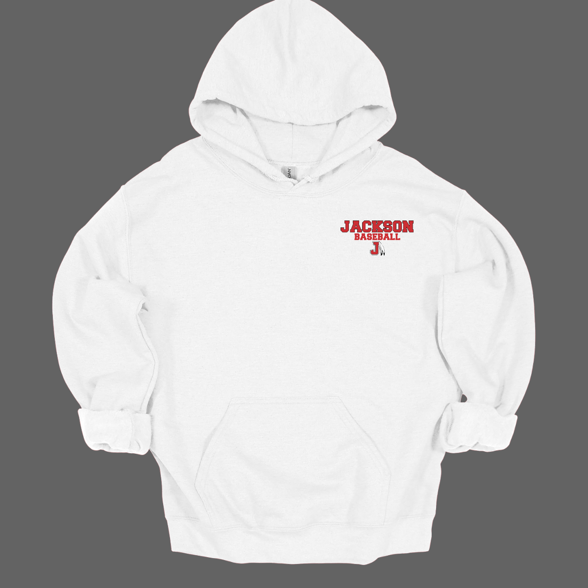White hoodie with a red and white logo that says "Jackson Baseball" text with a J Spear on a grey background