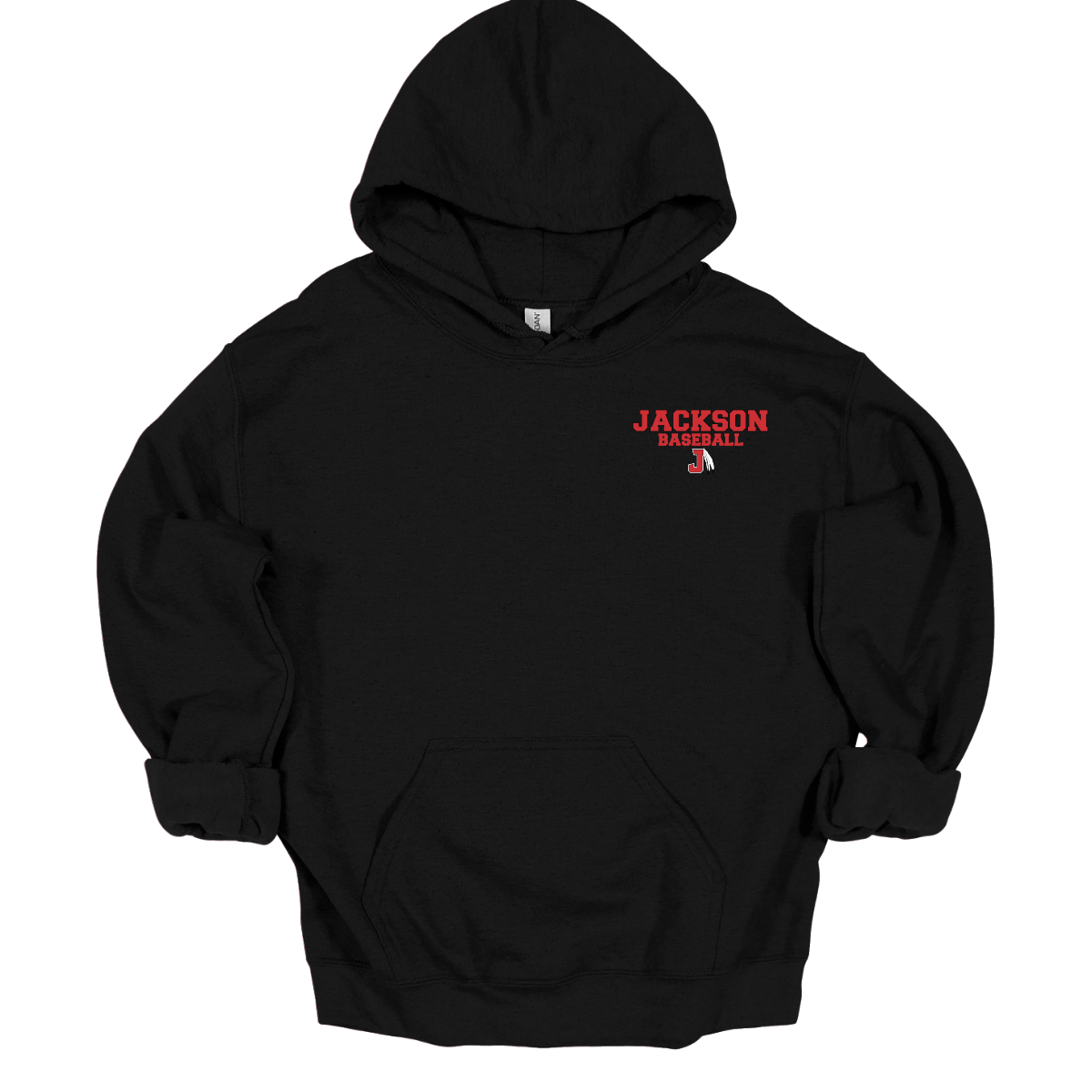 Black hoodie with a red and white logo that says "Jackson Baseball" text with a J Spear on a white background