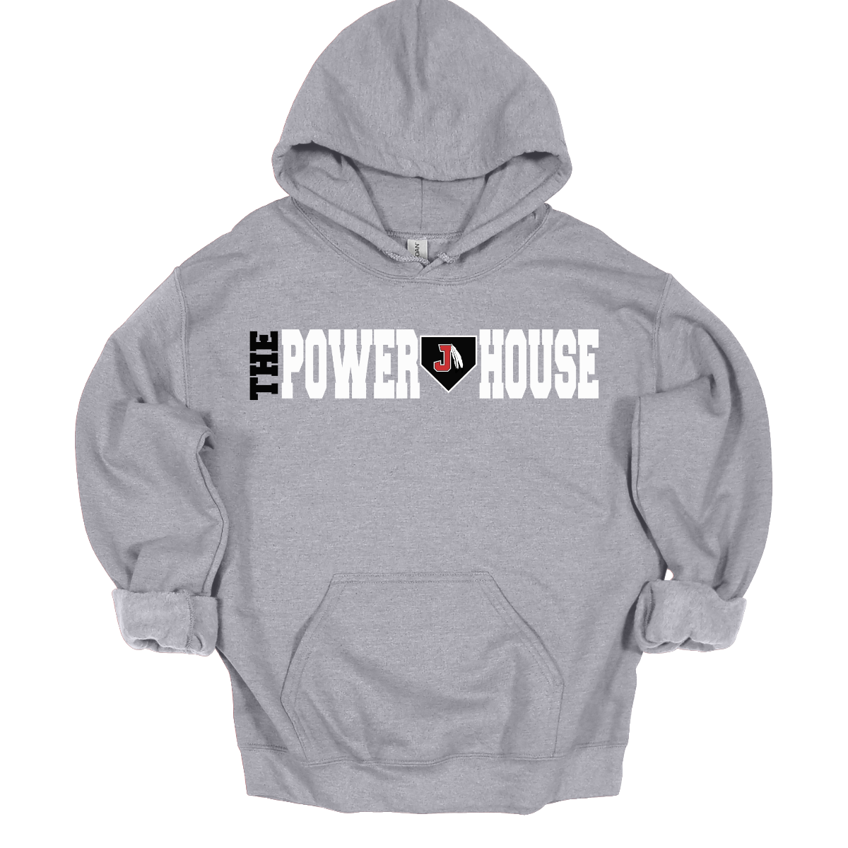 Gray hoodie with 'The Power House' text and logo on a white background