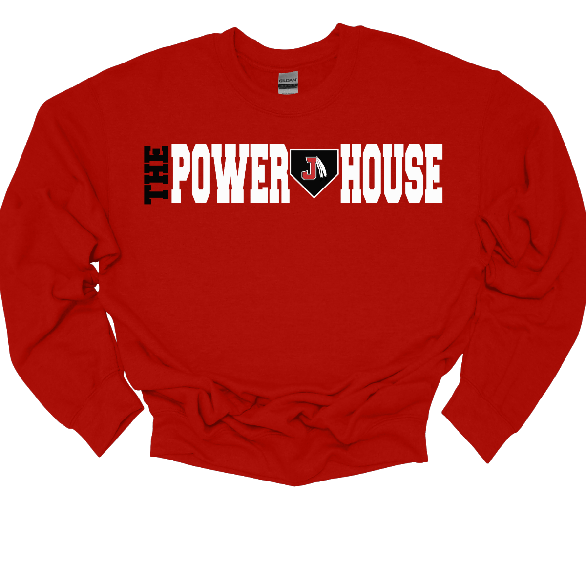 Red sweatshirt with 'The Power House' text and logo on a white background