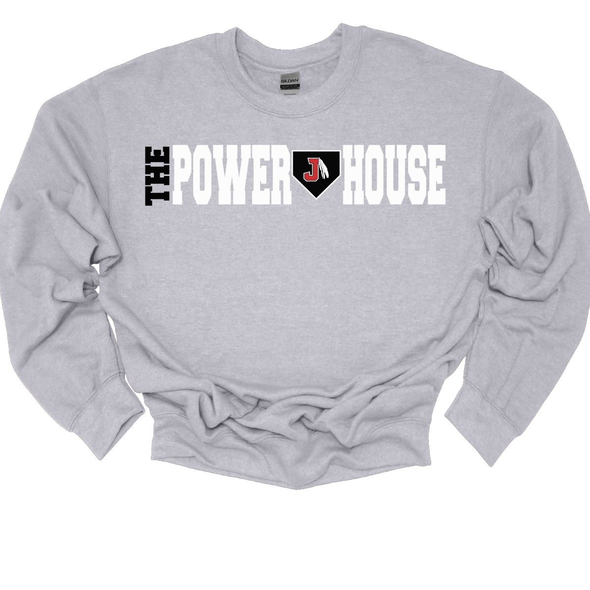 Gray sweatshirt with 'The Power House' text and logo on a white background