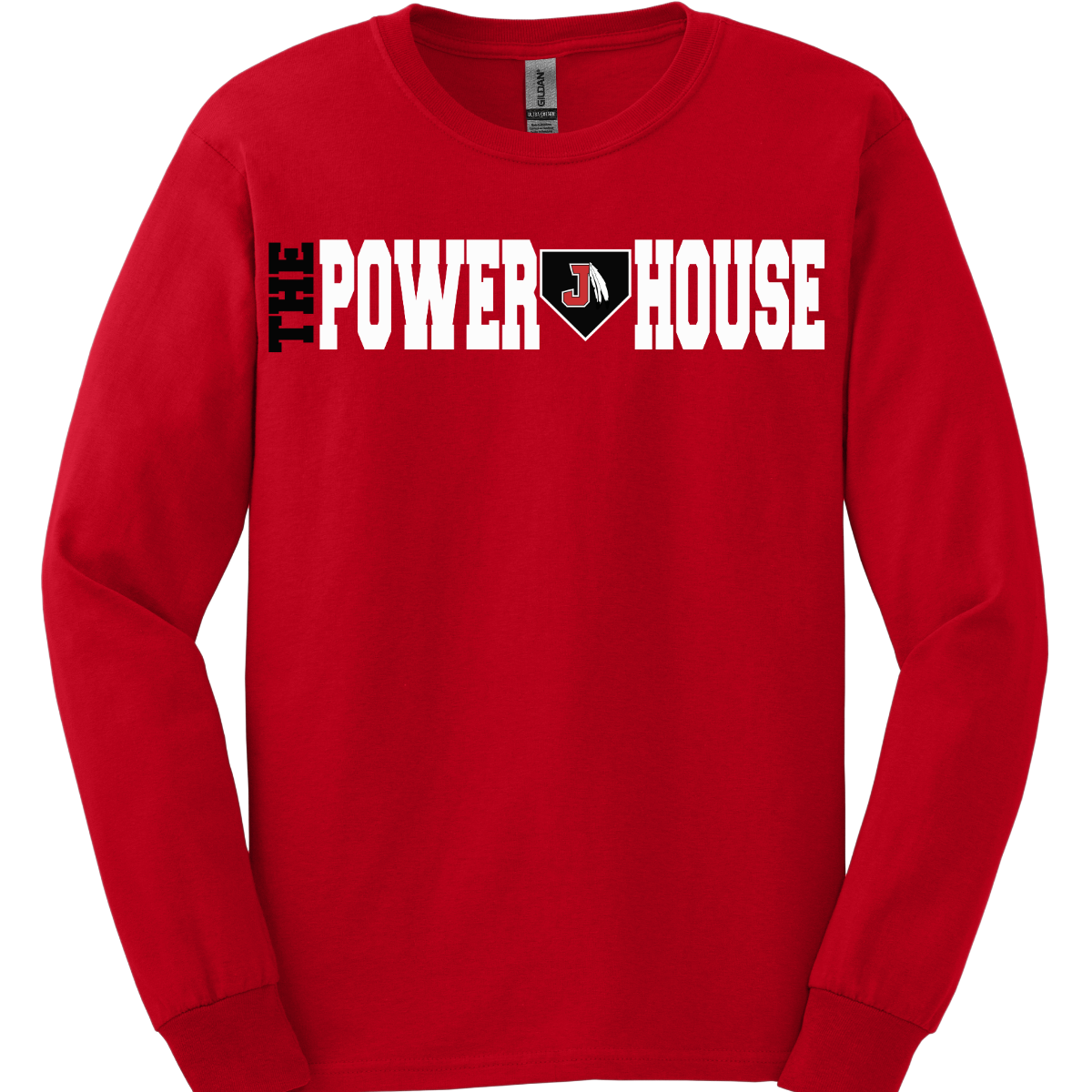 Red long-sleeve shirt with 'The Power House' text and logo on a white background