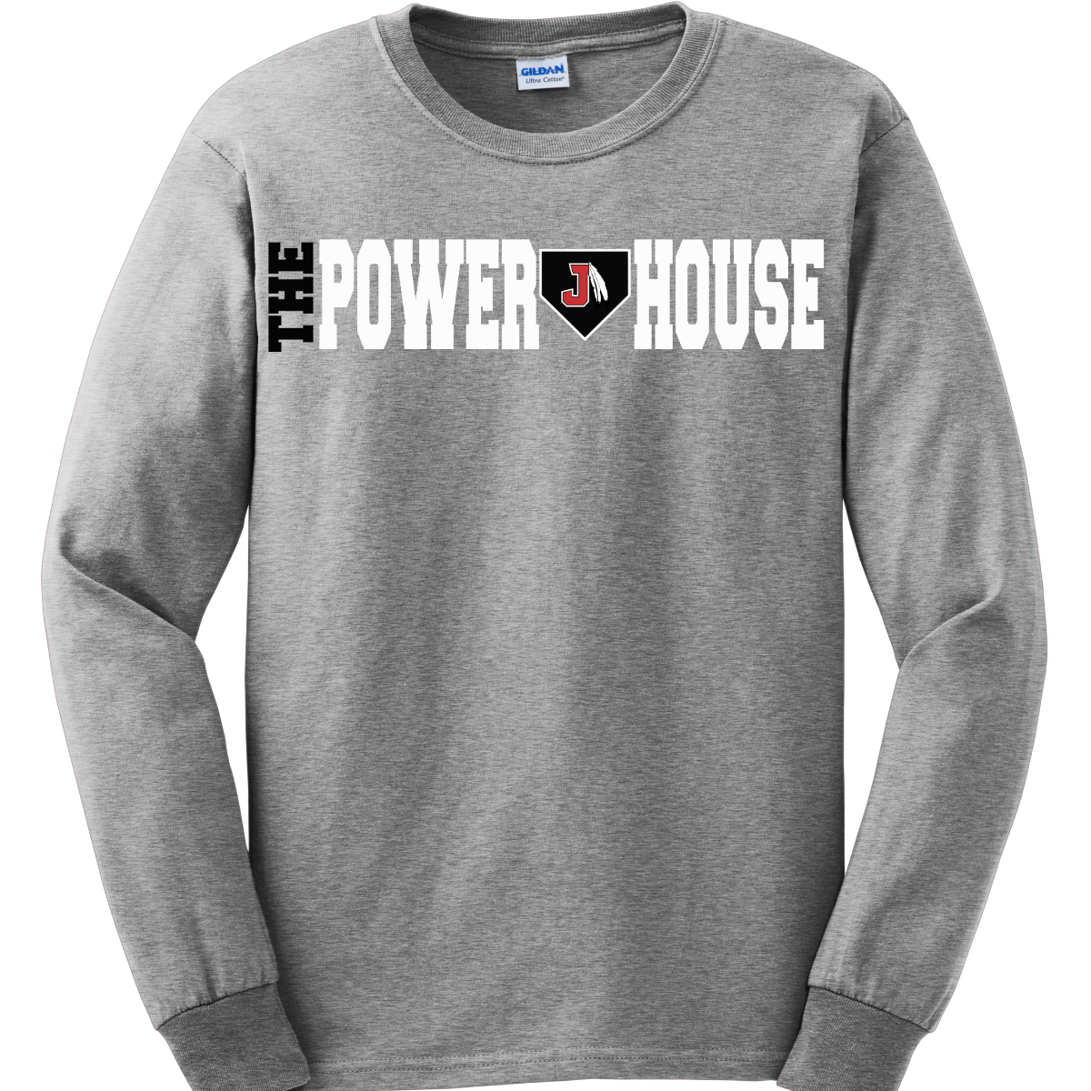 Gray long-sleeve shirt with 'The Power House' text and logo on a white background