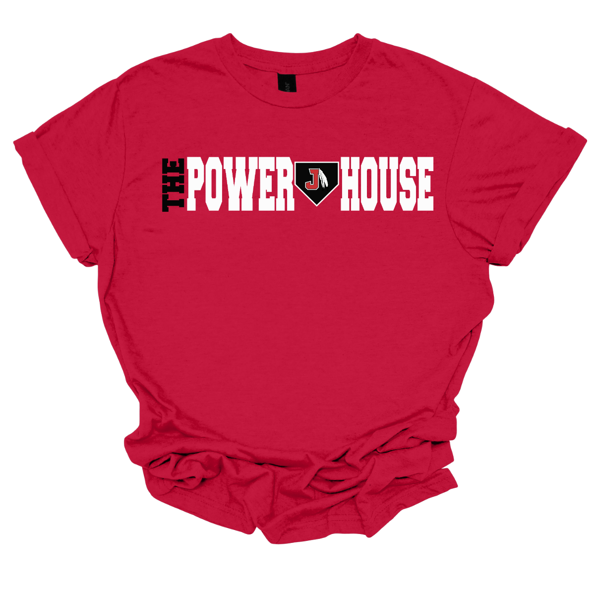 Red t-shirt with 'The Power House' text on a white background