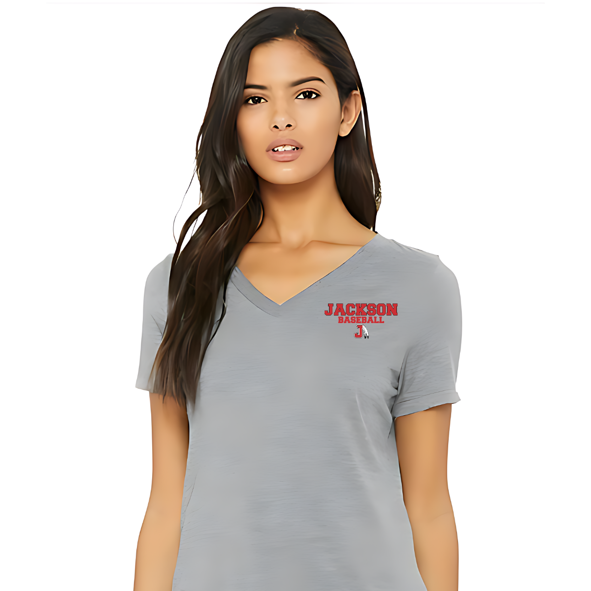 Woman wearing a gray t-shirt with 'Jackson Baseball' print on a white background