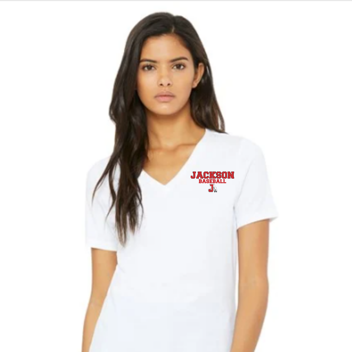 Woman wearing a white t-shirt with 'Jackson Baseball' logo on a white background