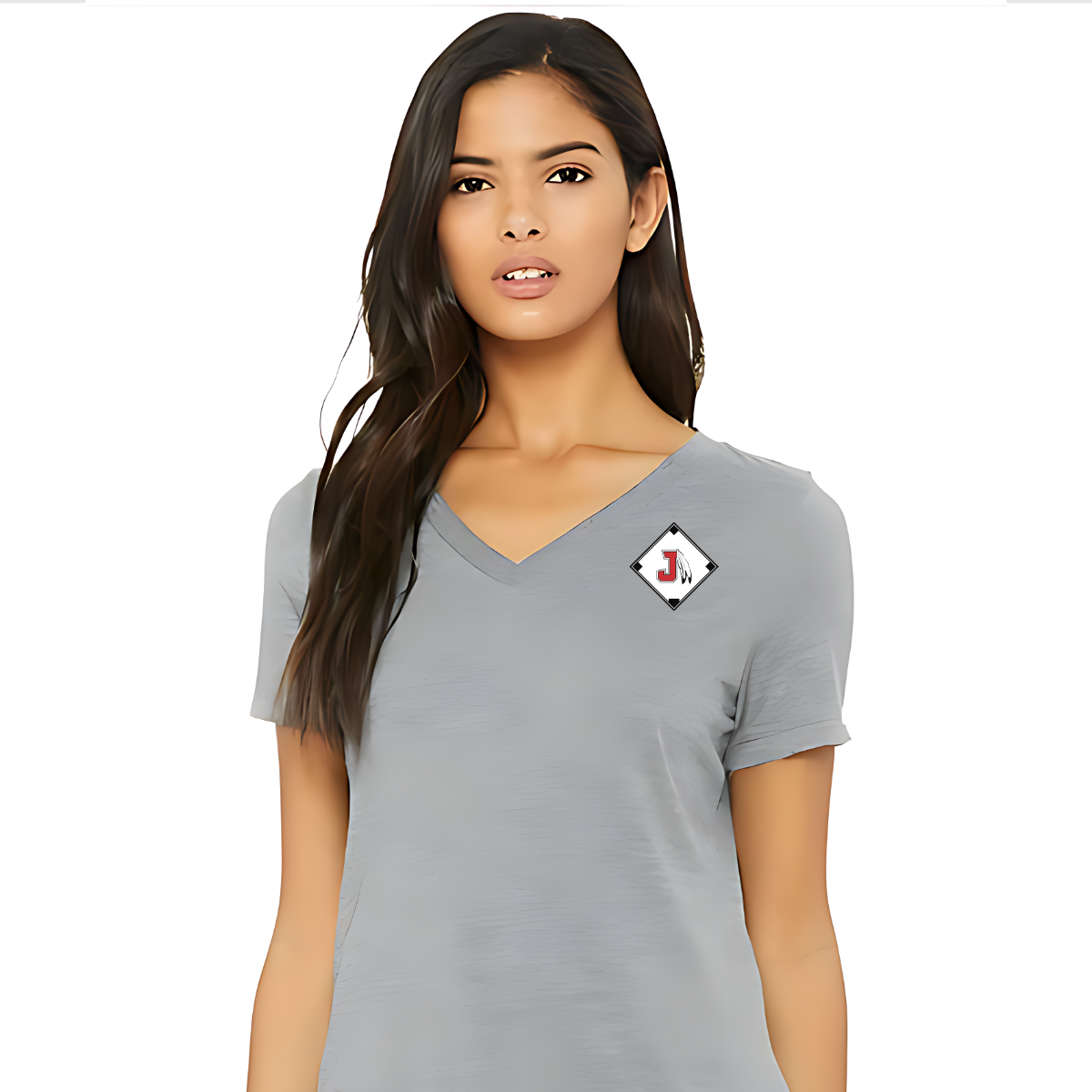 Woman wearing a gray t-shirt with a logo on a white background