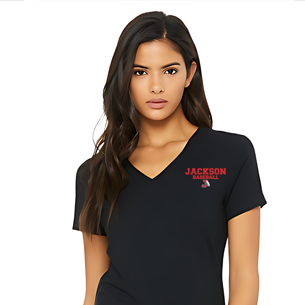 Woman wearing a black t-shirt with 'Jackson Baseball' logo on a white background