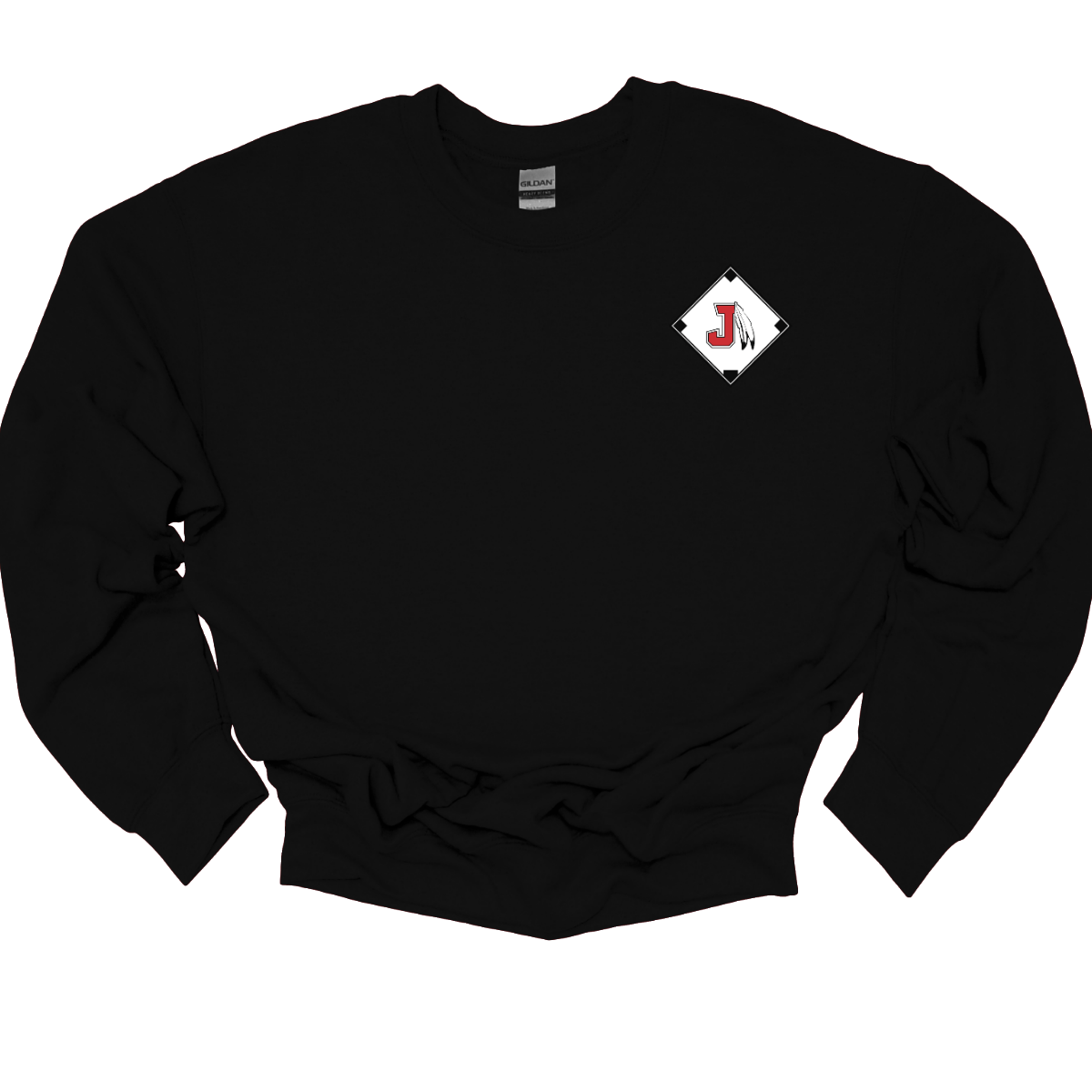 Black sweatshirt with a diamond-shaped logo featuring a letter 'J' on a white background