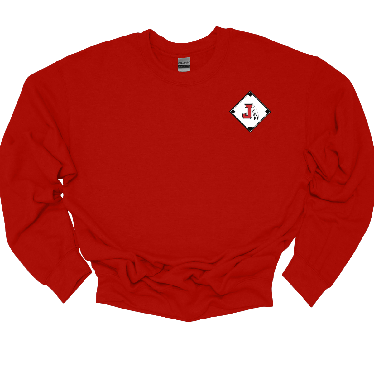 Red sweatshirt with a diamond-shaped logo featuring a letter 'J' on a white background