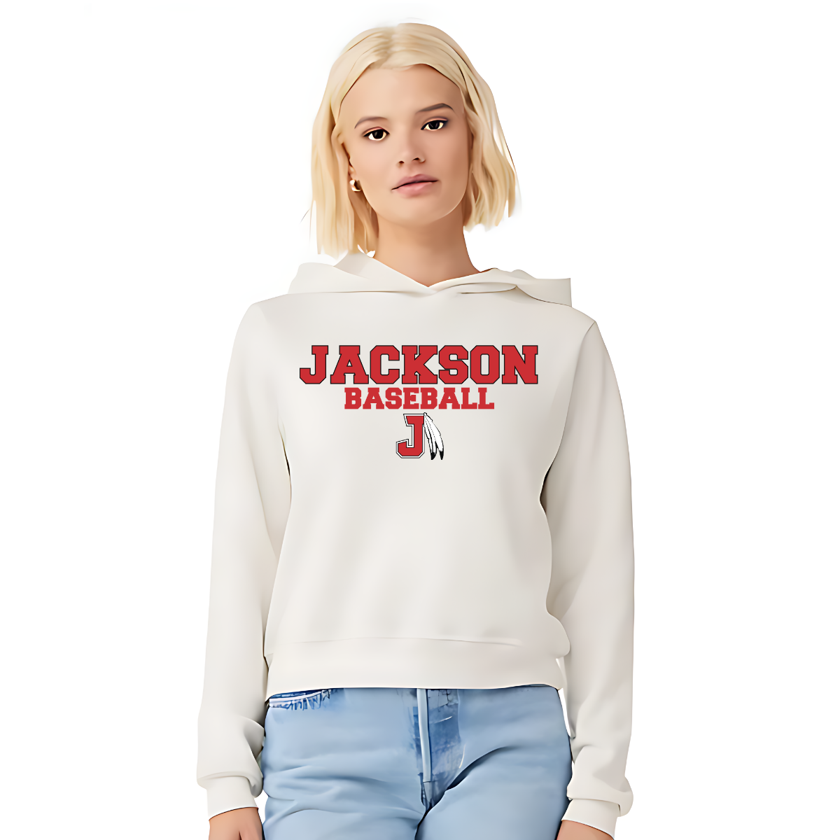 Person wearing a white hoodie with 'Jackson Baseball' text on a white background