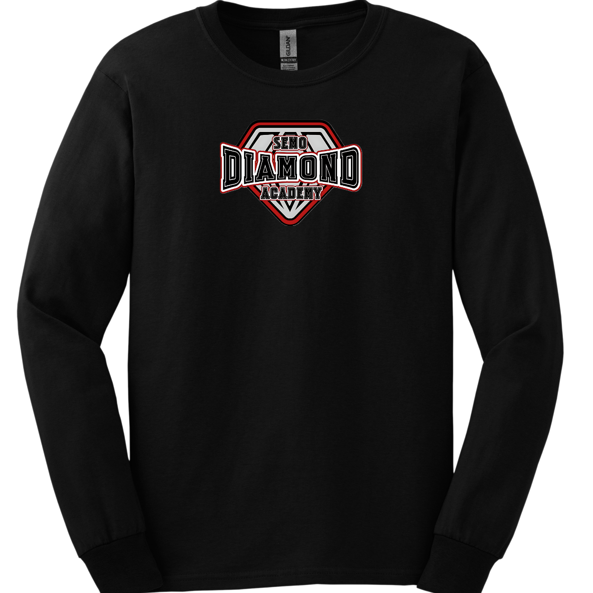 Black long-sleeve shirt with 'Diamond Academy' logo on a white background