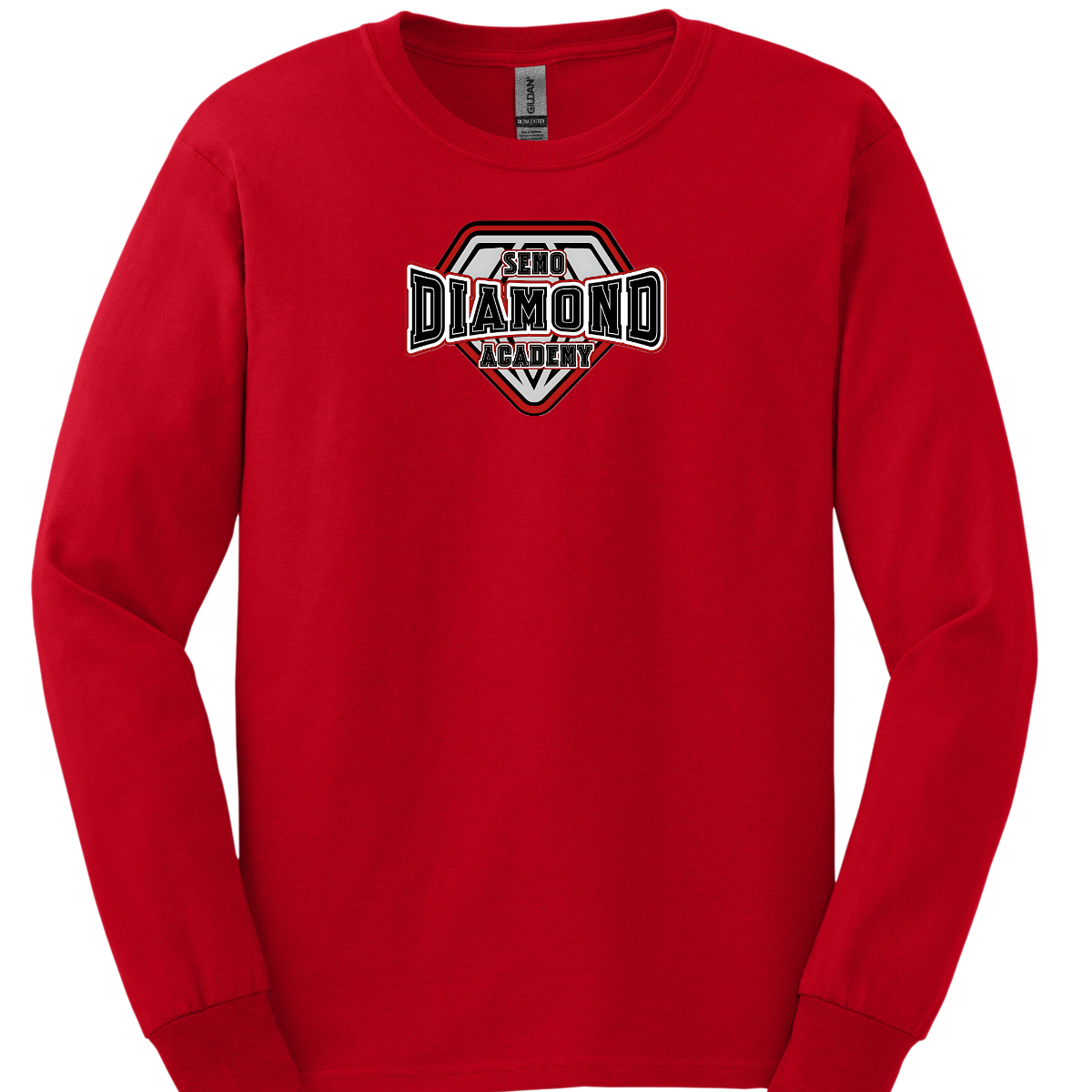 Red long-sleeve shirt with 'Diamond Academy' logo on a white background