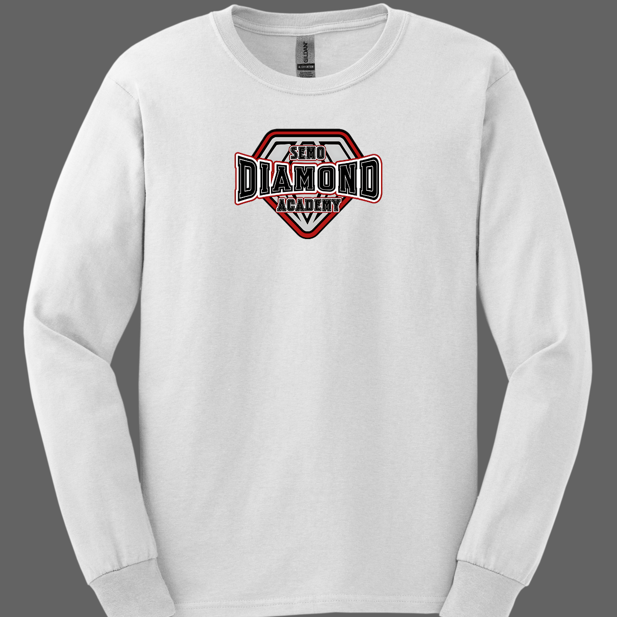 White long-sleeve shirt with a red and black "SEMO Diamond Academy" logo on a gray background