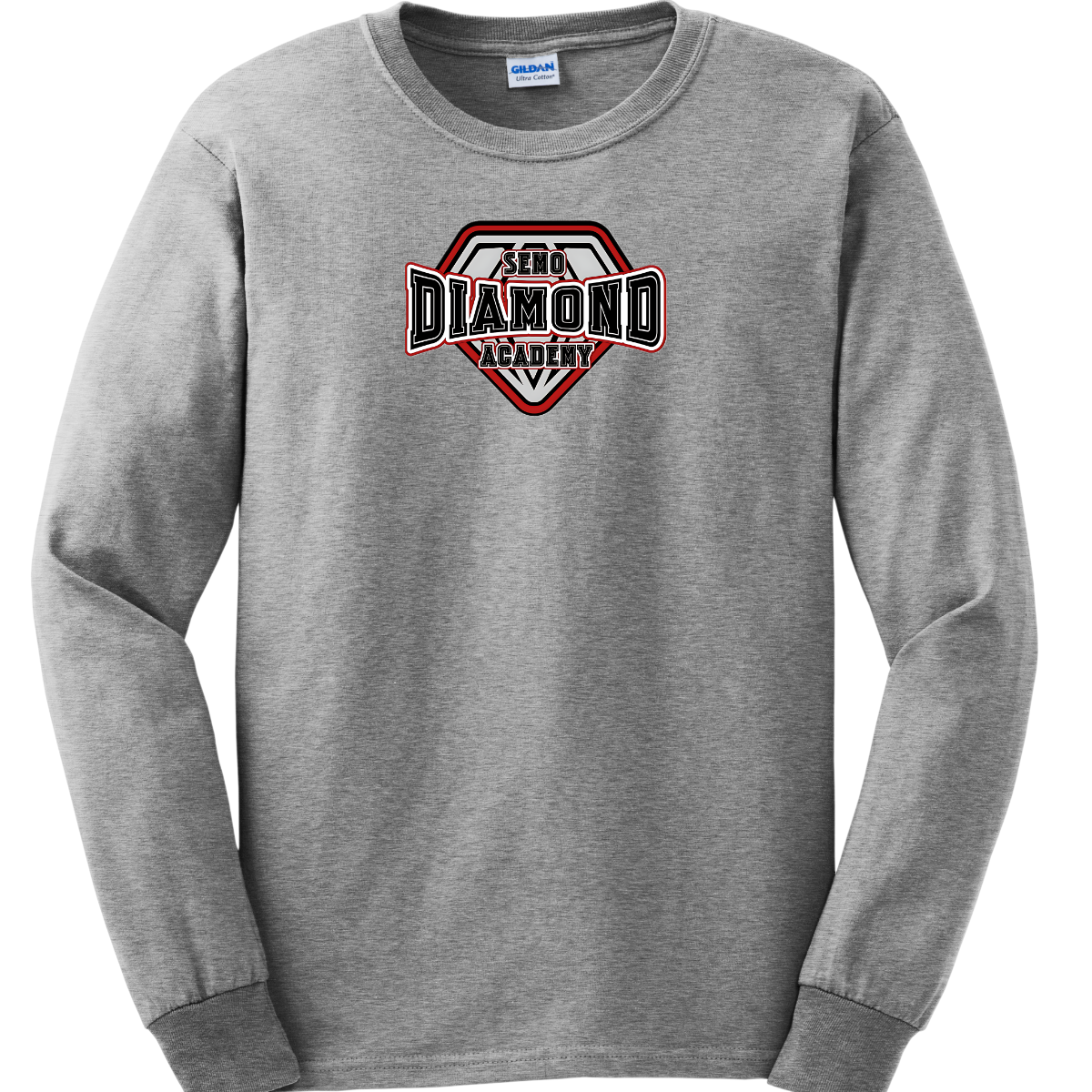 Gray long-sleeve shirt with a "SEMO Diamond Academy" logo on the chest against a white background