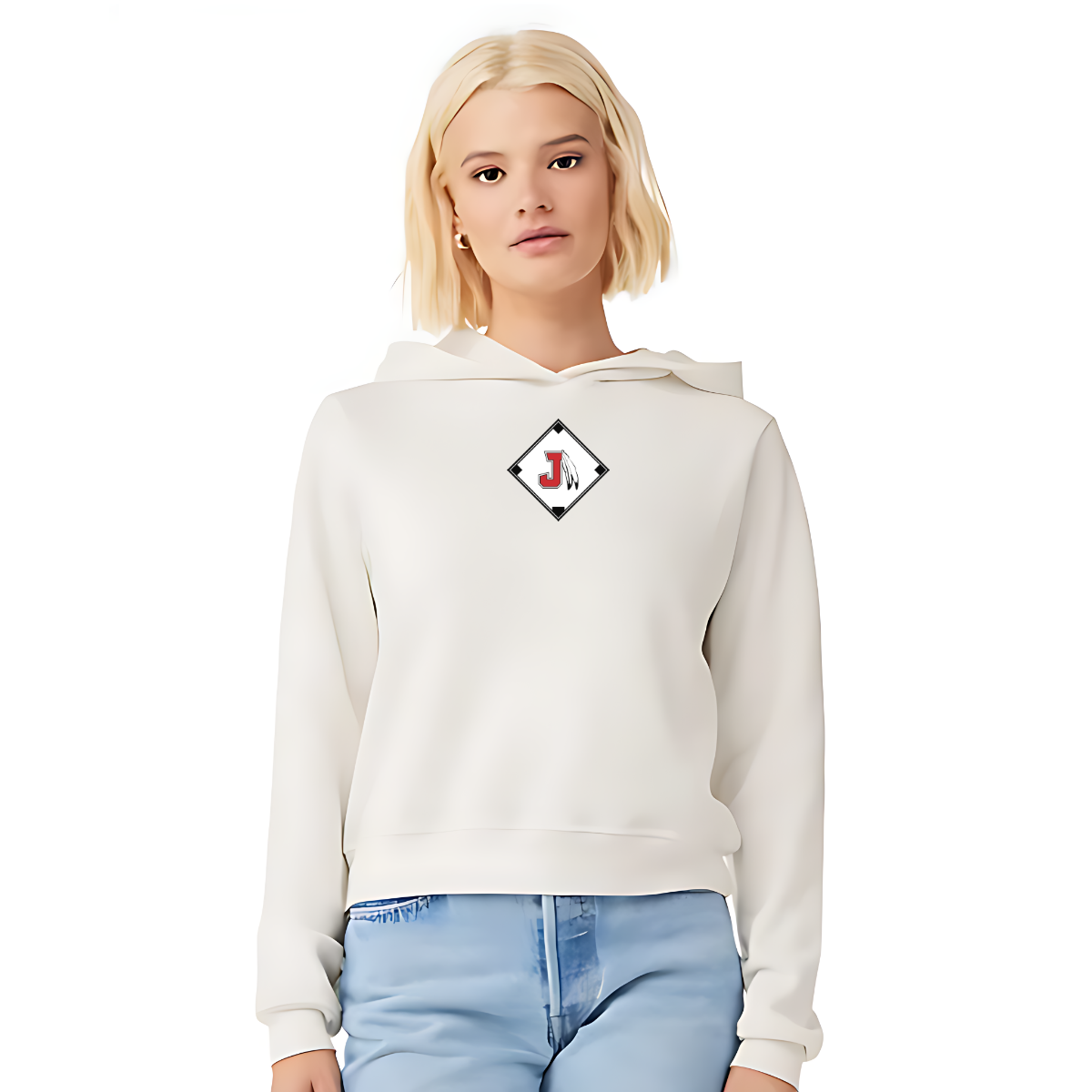 Person wearing a white hoodie with a logo on a white background