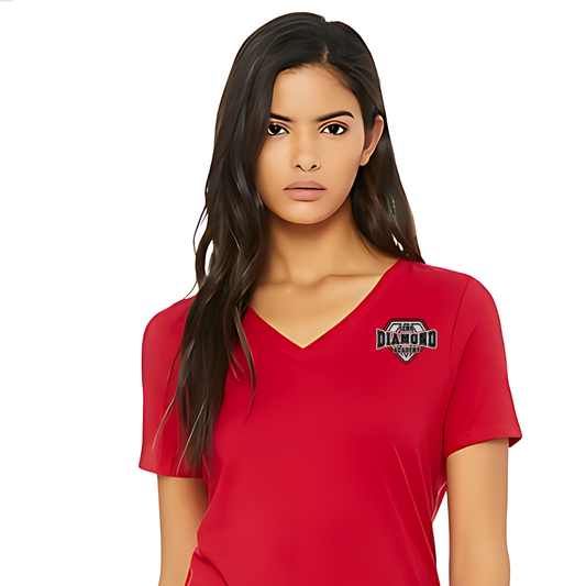 Woman wearing a red t-shirt with the SEMO Diamond Academy logo on a white background